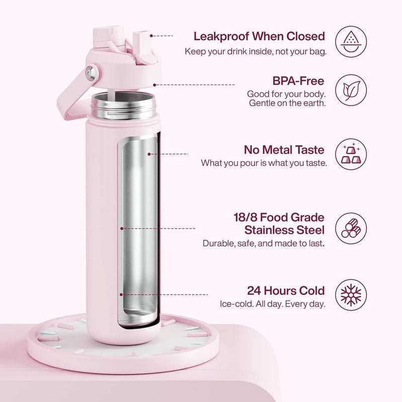 ENCOOL زجاجة ماء معزولة مع قشة زجاجة ماء من الفولاذ المقاوم للصدأ، مانعة للتسرب، خالية من BPA، جدار مزدوج فراغ يحافظ على البرودة لمدة 24 ساعة للرياضة، السفر، المدرسة (26 أونصة، حلوى قطنية) - Image 1